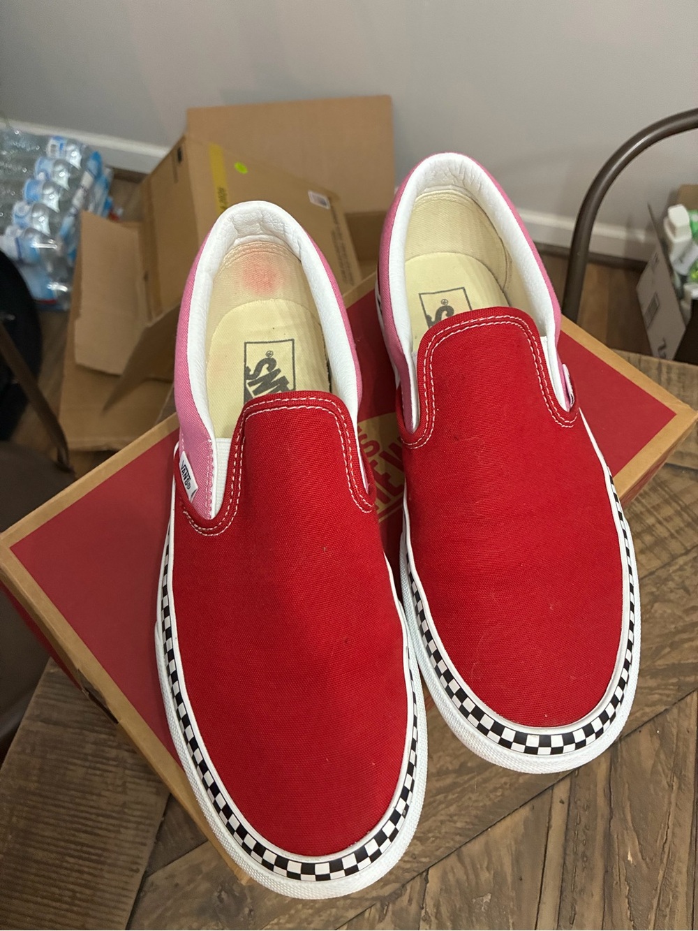 Vans Canvas Slip-On Sneakers - Red & Pink with Checkerboard Trim - Picture 2 of 5
